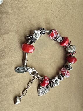 Bling Jewelry Red Glass Bead Charm Bracelet with Heart Pendant